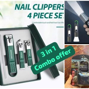 3 in 1 combo pack offer . # 4 pcs Nail Clippers with A Portable Protective Cover, ##Big Size Security Alarm Lock for Bike and Door Security. ###Lamp Bead Super Bright LED Flashlight Telescopic Zoom Waterproof Torch With Lampshade
